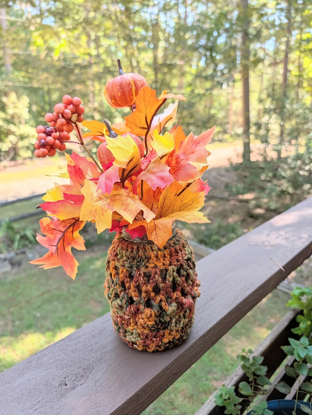 Vase Cover Jar Sleeve Hand Crafted Fall Floral Arrangement Orange Green Browns